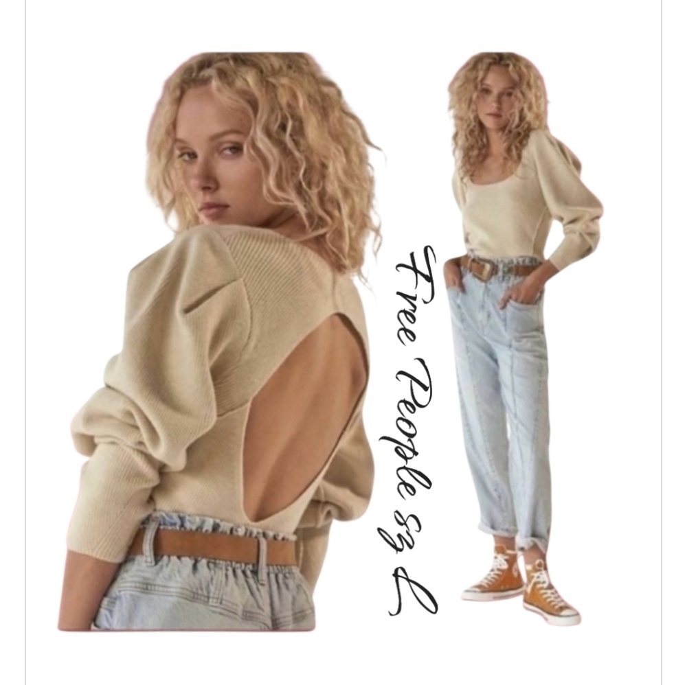 NWT Free People Saffron Open Back Ribbed Sweater Oatmeal Tan L